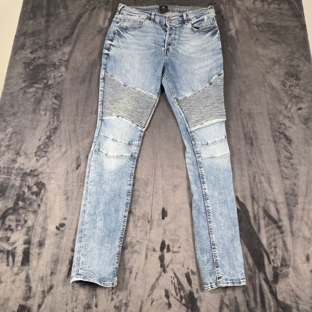 H&M Biker Jeans Mens 36 Blue Skinny Fit Moto Ribbed Light Wash Denim